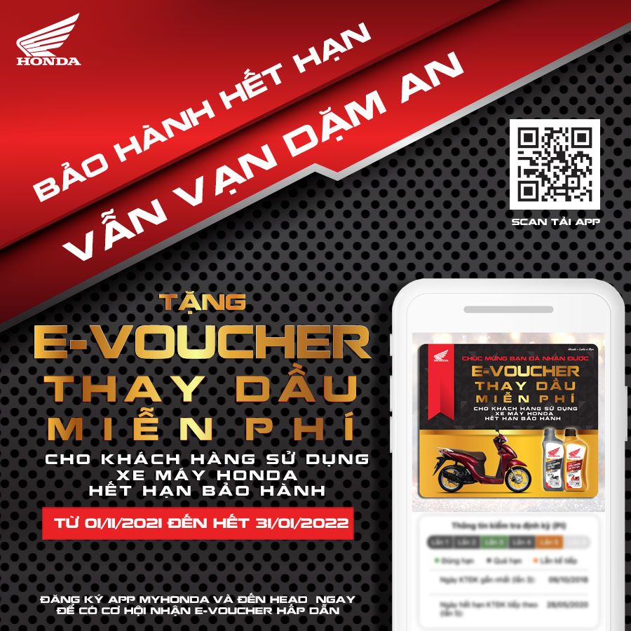 TẶNG E-VOUCHER THAY DẦU MIỄN PHÍ CHO KHÁCH HÀNG SỬ DỤNG XE MÁY HONDA.